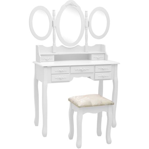 Toaletni stolić sa stolcem i trostrukim ogledalom bijeli slika 10