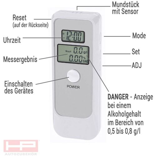 HP Autozubehör  tester na alkohol bež boja 0 do 1.9 ‰ funkcija odbrojavanja, alarm, uključujući zaslon, prikaz temperature , sat, mogući prikaz različitih jedinica slika 2