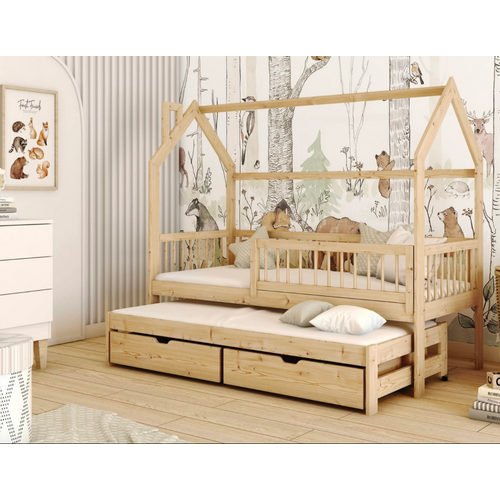 Drveni dečiji krevet Papi sa dodatnim krevetom i fiokom - svetlo drvo - 190/200x90 cm slika 1
