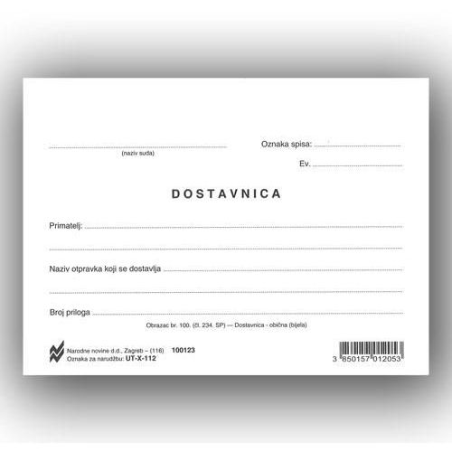 X-112 DOSTAVNICA - OBIČNA BIJELA (Obrazac 100); List, 14,8 x 10,5 cm slika 2