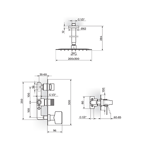 Rosan  S.2 Uzidna baterija sa plafonskim tušem 200x300mm i ručnim tušem slika 2