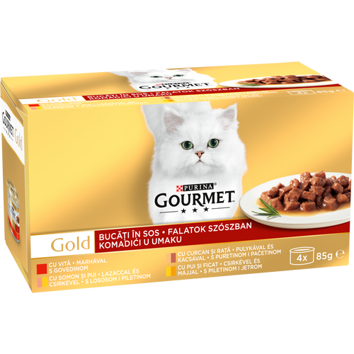 GOURMET GOLD Komadići u umaku multipakiranje, 1x s govedinom, 1x s puretinom i pačetinom, 1x s piletinom i jetrom, 1x s piletinom 4x85 g slika 2