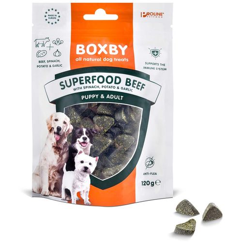 Boxby Poslastica za pse Puppy Adult Super Food Govedina, Špinat i Češnjak, 120 g slika 1