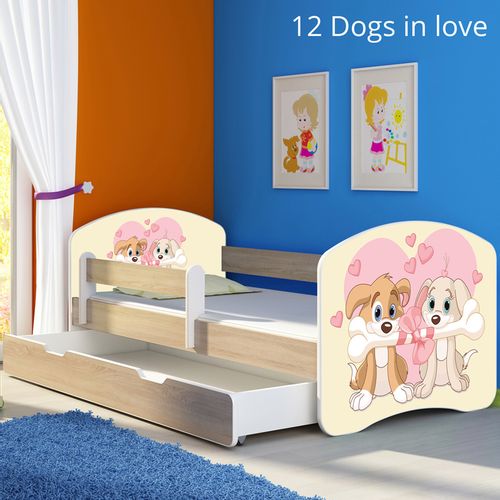 Dječji krevet ACMA s motivom, bočna sonoma + ladica 140x70 cm - 12 Dogs in Love slika 1