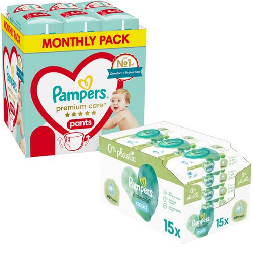 Pampers Premium Care Pants mesečno pakovanje pelena + Pampers vlažne maramice Harmonie Aqua Plastic Free 15X48 XXL slika 1