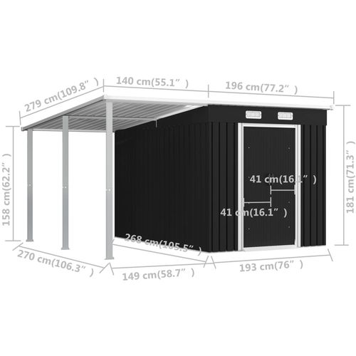 Vrtna kućica s proširenim krovom antracit 336x270x181 cm čelik slika 23
