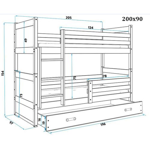 Drveni dječji krevet na kat Rico s ladicom - sivi - 200x90cm slika 3