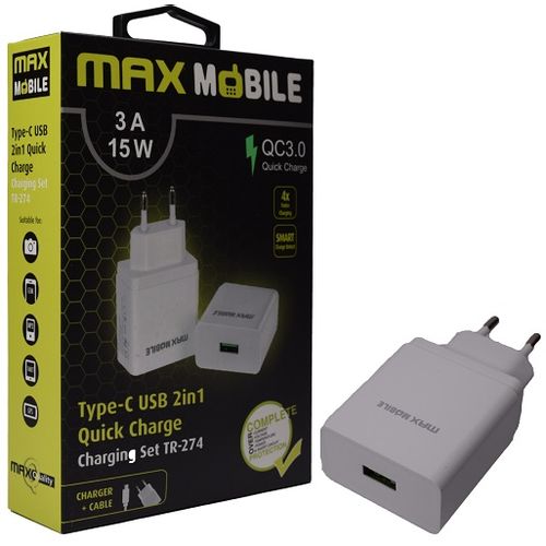 Maxmobile kućni punjač set 2u1 qc 3.0 quick charge usb+ type c, 3a,15w  bijeli slika 1