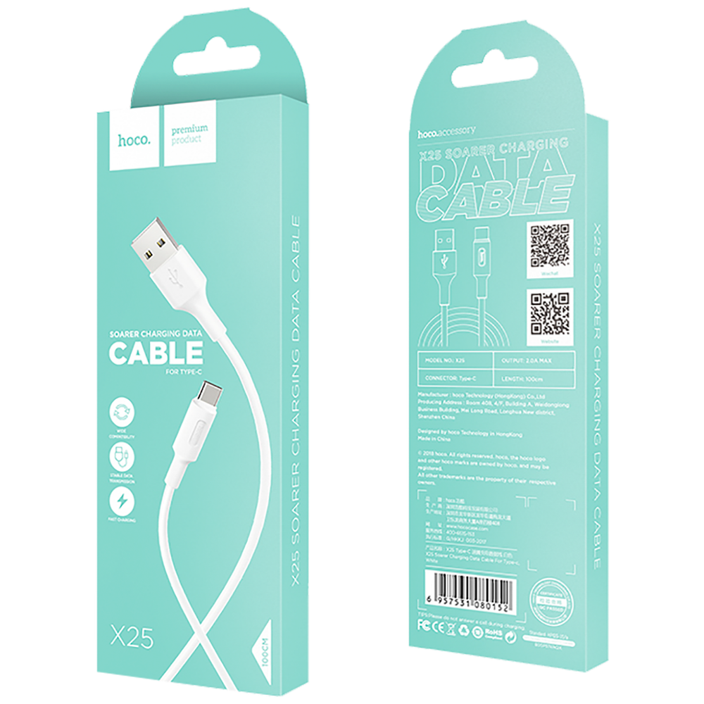 hoco. USB kabl za smartphone, USB type C kabl, 1 met, 2 A,bijela - X25 Soarer USB type C, White slika 2
