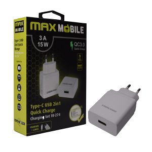 Maxmobile kućni punjač set 2u1 qc 3.0 quick charge usb+ type c, 3a,15w  bijeli