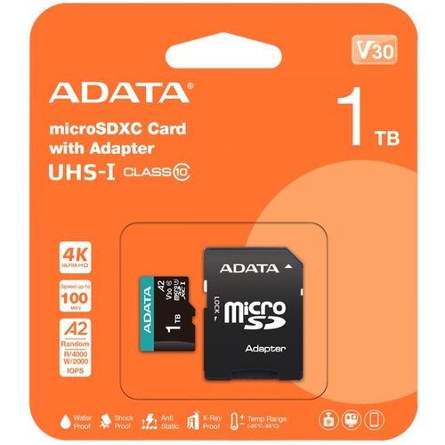 A-DATA Memorijska kartica UHS-I U3 MicroSDXC 1TB V30S + adapter AUSDX1TUI3V30SA2-RA1 slika 2