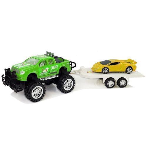 Set vozila Monster Truck sa sportskim autom na prikolici zeleno - žuti slika 2