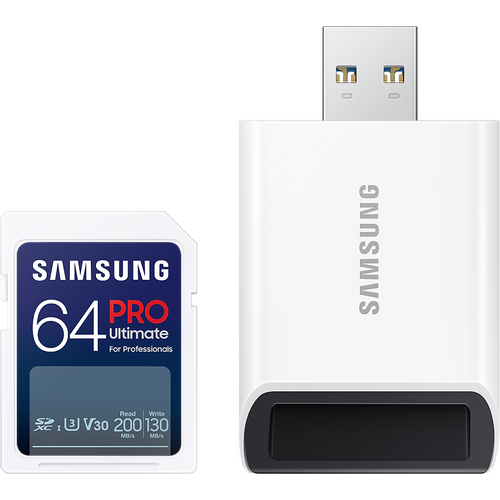 Samsung MB-SY64SB/WW SD Card 64GB, PRO Ultimate, SDXC, UHS-I U3 V30, Read up to 200MB/s, Write up to 130 MB/s, for 4K and FullHD video recording, w/USB Card reader slika 1