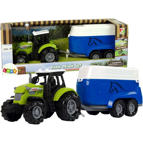 Zeleni traktor s plavom prikolicom za prijevoz konja slika 1