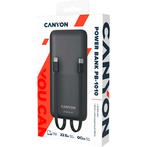 CANYON PB-1010, Power bank 10000mAh Li-pol battery with 2pcs Build-in Cable, Input: TYPE-C: 5V3A/9V2A 18WMicro USB: 5V2A/9V2A 18W Output: TYPE-C: 5V3A/9V2.2A 20WUSB-A: 4.5V5A ,5V4.5A, 5V3A,9V2A ,12V1.5A 22.5WTYPE-C cable: 4.5V5A ,5V4.5A, 5V3A, slika 6