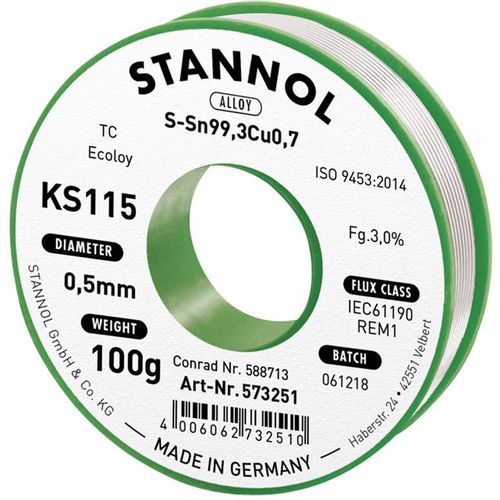 Stannol KS115 lemna žica, bezolovna svitak  Sn99,3Cu0,7 100 g 0.5 mm Bezolovna lemna žica KS115 573251 Stannol slika 3