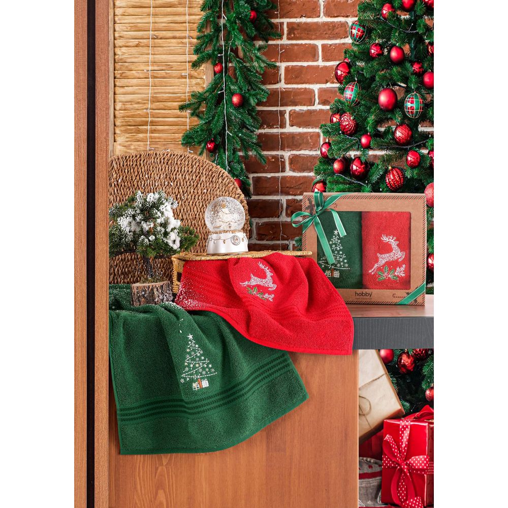 Hand towel set (2 pieces) New Year, colours: green, red, white slika 2