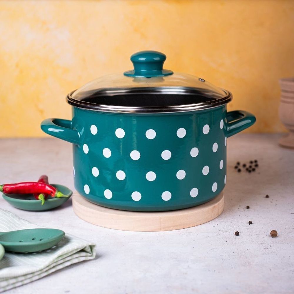 Metalac šerpa duboka sa staklenim poklopcem GREEN DOTS 22 cm / 5.0 l zeleno sa bijelim tufnama  slika 2