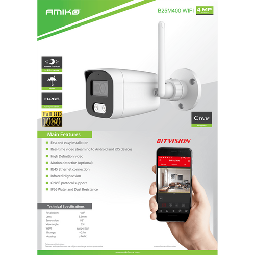 Amiko Home Kamera IP 4MP, WiFi, 1/3" CMOS, 3.6mm, IP66 - B25M400 WIFI slika 5