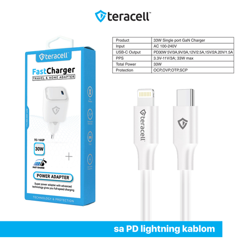 Kucni punjac Teracell Evolution TC-16GP, GaN, PD 3.0, 33W sa PD iPhone lightning kablom beli CE slika 4