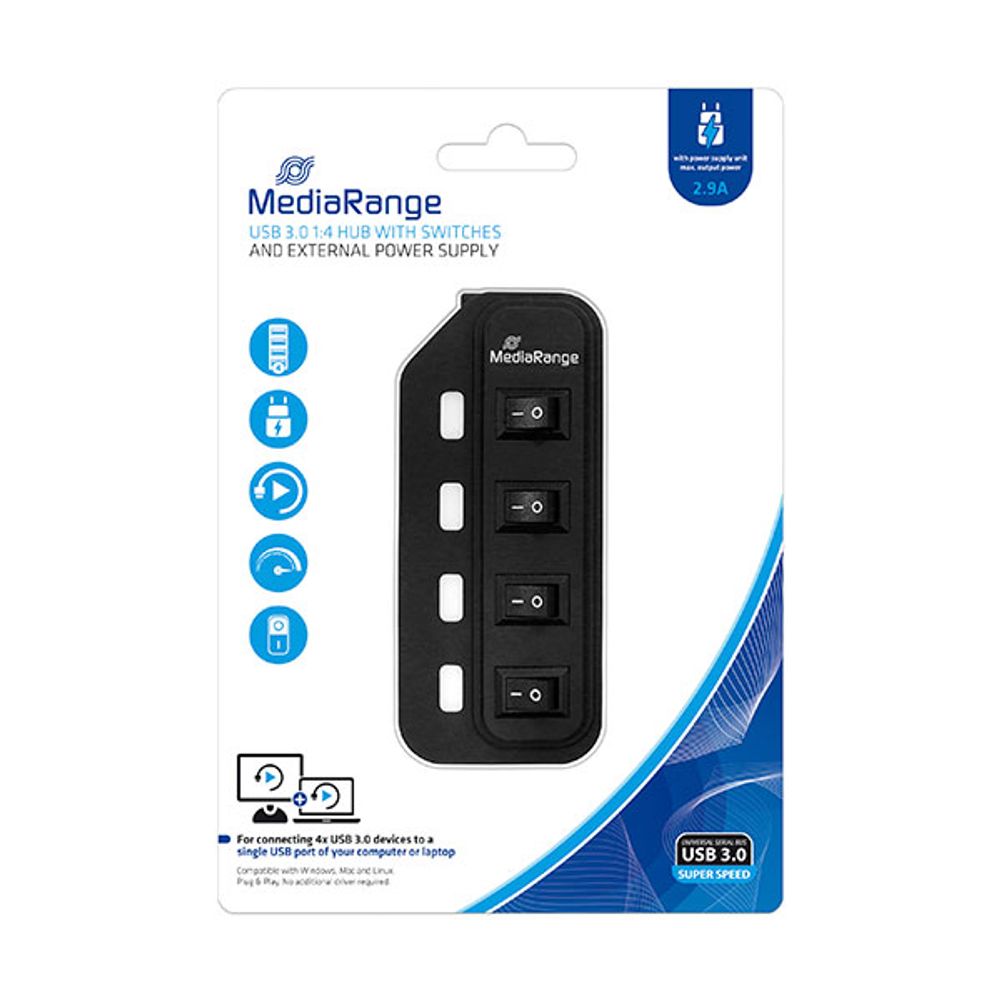 MediaRange USB HUB 3.0, 4 PORTNI S ODVOJENIM PREKIDAČEM I NAPAJANJEM, MRCS505 slika 1