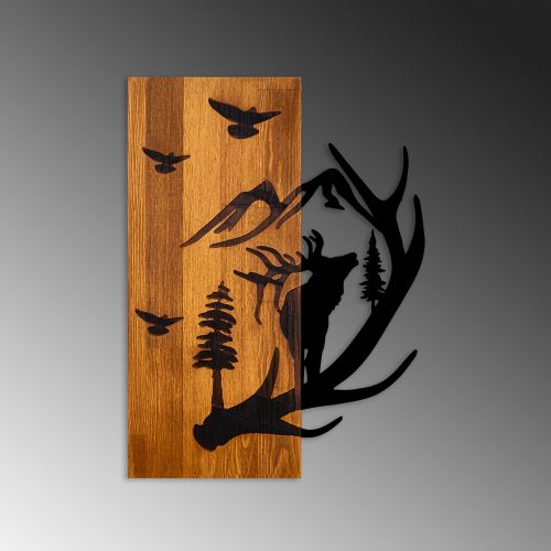 Deer and Mountain WalnutBlack Decorative Wooden Wall Accessory slika 6