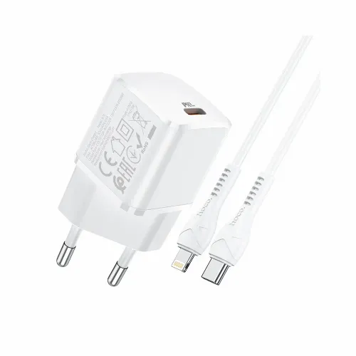 HOCO putni punjač Type C + kabel za iPhone Lightning 8-pin Power Delivery 20W Starter N10 bijeli slika 3