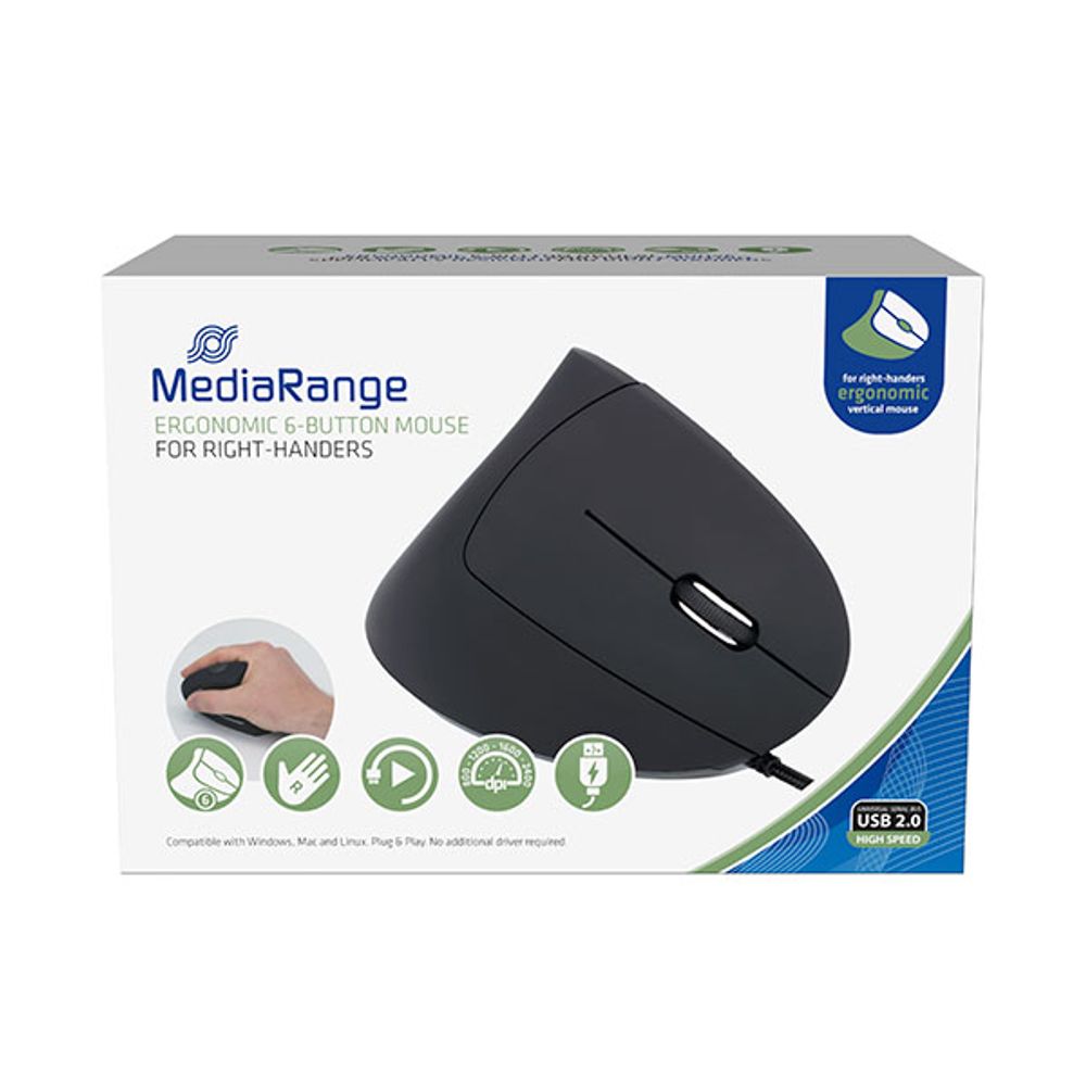 MediaRange MIŠ ŽIČANI, ERGONOMSKI, OPTIČKI, ZA DEŠNJAKE, CRNI, MROS230 slika 1