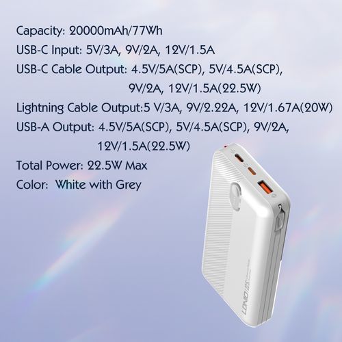 LDNIO POWER BANK 20000mAh 22,5W 5V 3A 1 PORT (1A) + 2 CABLE (1C1L) PQ24 slika 10