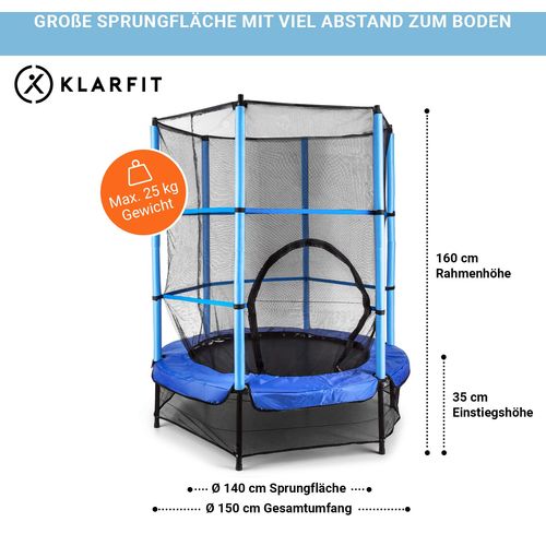 KLARFIT Rocketkid, 140 cm trampolin, unutarnja sigurnosna mreža, bungee opruge, plava slika 16