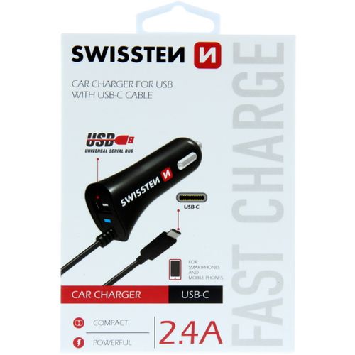 SWISSTEN punjač za auto, 1xUSB-C, 1xUSB + USB-C kabel, crni slika 1