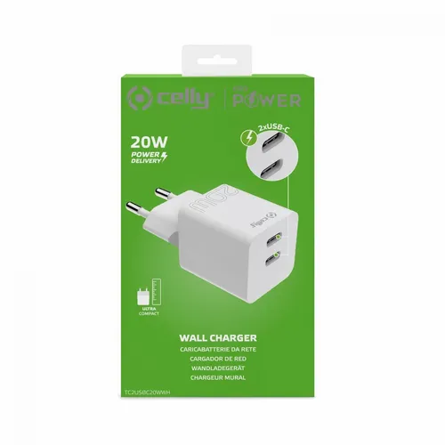 Celly punjač 20W PD USB-C + USB-C bela slika 3