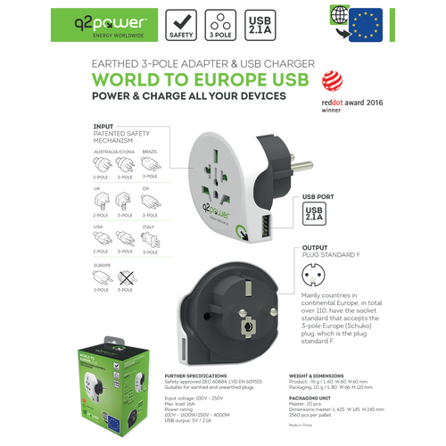 q2power Adapter, putni, univerzalni sa USB-om - WORLD TO EUROPE USB slika 4