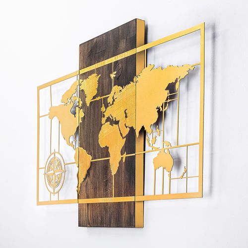 Wallity Drvena zidna dekoracija, World Map Wıth Compass - Gold slika 5