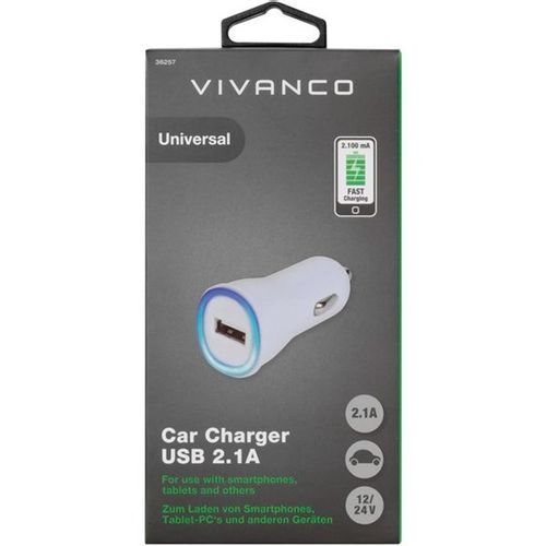 Auto punjač VIVANCO 36257, 2.1A USB, bijeli slika 1