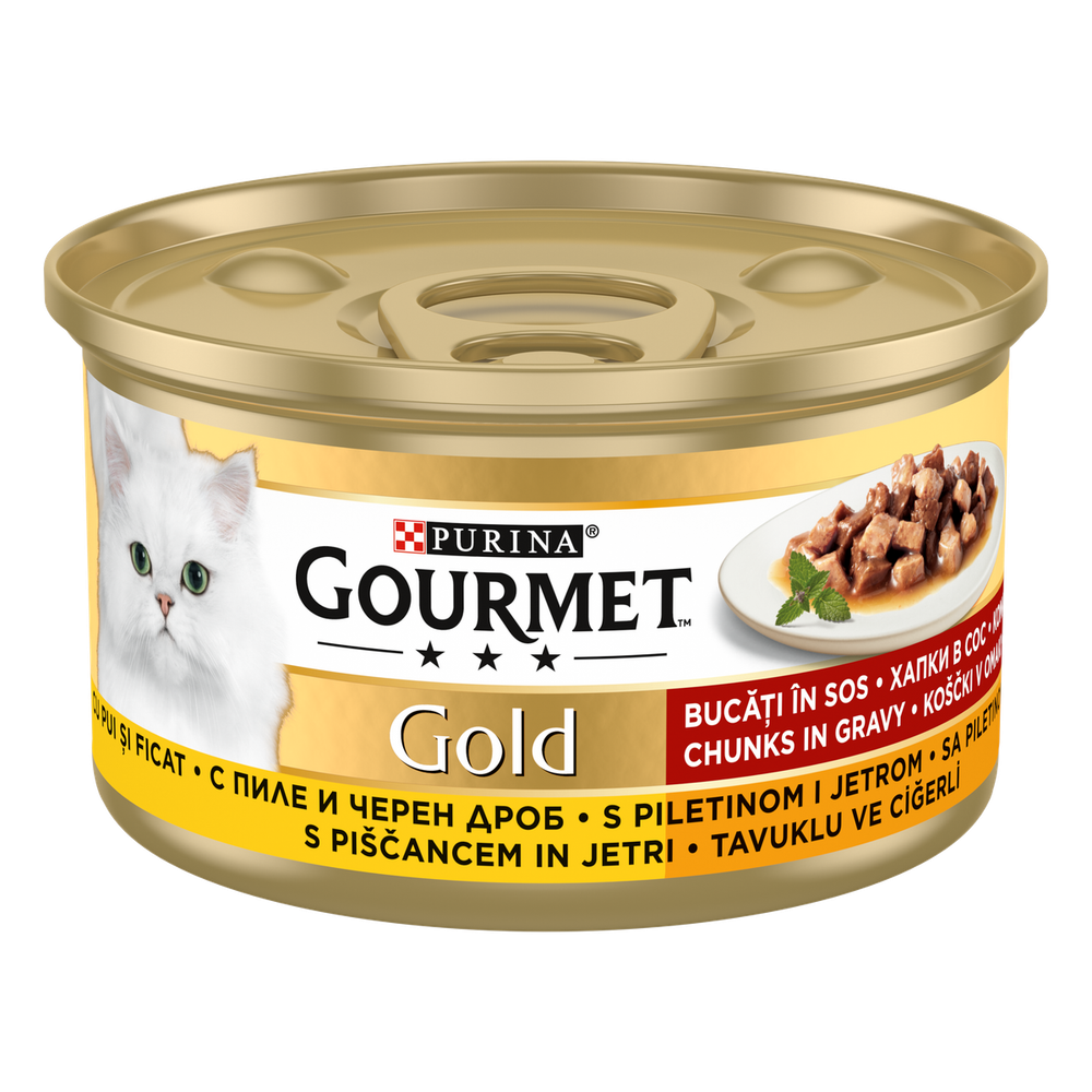 Gourmet Gold Hrana za mačke, komadići u umaku, piletina i jetrica, 85g slika 1