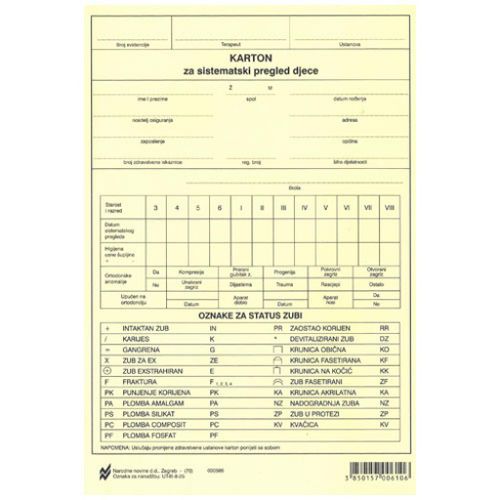 III-8-25 ZUBNI KARTON ZA SISTEMATSKI PREGLED ZUBI DJECE; Arak, 14,8 x 21 cm slika 1