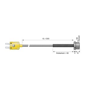 Uvrtni senzor tip K, M8, NL10mm, 1.4571, opruga za zaštitu od pregiba L=60mm, KL2000mm GLS/V2A 2x0,22mm² B+B minijaturni utikač, žuti, mjerno područje -50...+400°C B + B Thermo-Technik 0625 1445-06 vijčani senzor  -50 do +400 °C  Tip tipala K