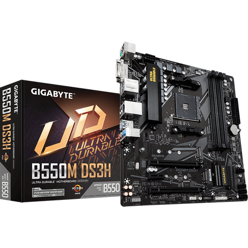 GIGABYTE MB B550M-DS3H AM4 4 x DDR4 PCIe 3.0 2 x M.2 4 x SATA 1 x DVI-D port 1 x DisplayPort 1 x HDMI port Micro ATX slika 1