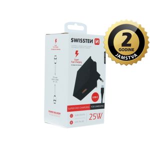 SWISSTEN punjač za AC220, 1xUSB-C, Super fast za Samsung, 25W, kabel USB-C, crni