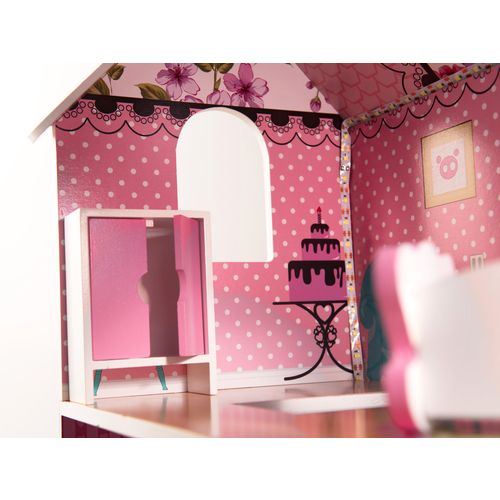 Drvena kućica za lutke + namještaj 70cm roza LED slika 8