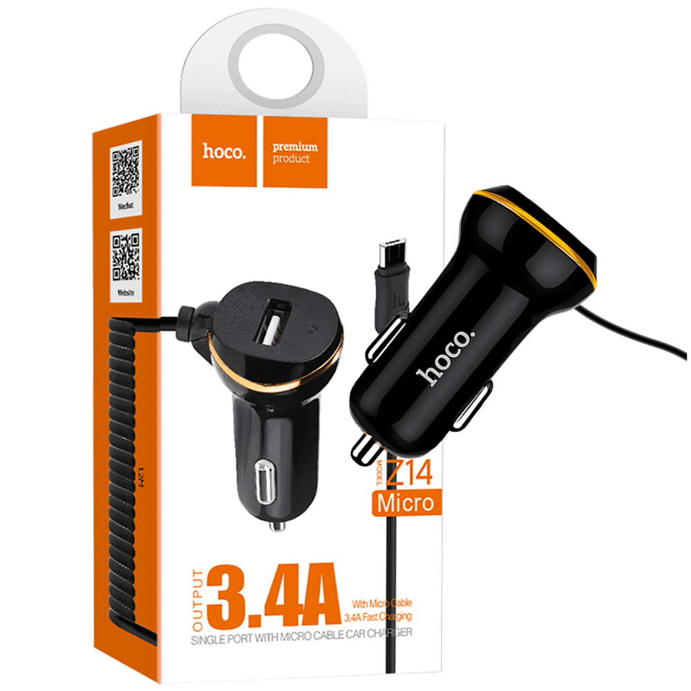 hoco. Auto punjač  sa micro USB kabl, USB, 5 V/3.4 A, crna - Z14 single, micro USB, BK slika 1