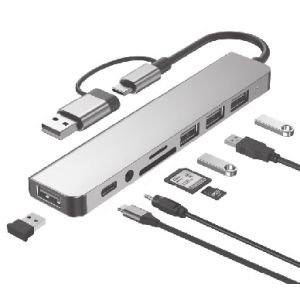 A-CM-COMBO8-06 ** Gembird USB-A + USB-C multi-port 8-in-1 USB3.0+USB2.0+SD+3.5mm+Data (838)