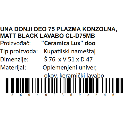 Ceramica lux   Una donji deo 75 plazma konzolna, matt black lavabo CL-D75MB 300260 slika 4