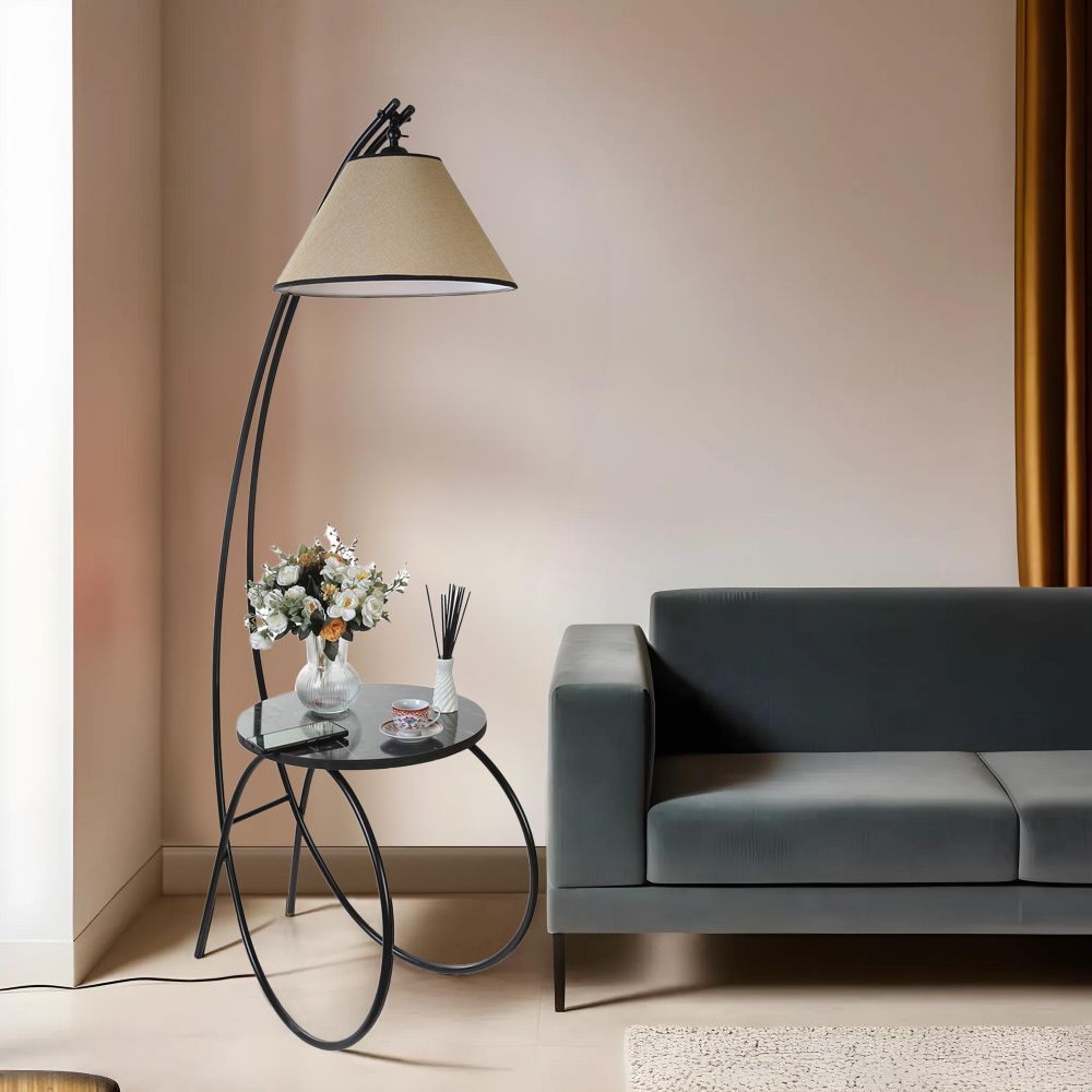 Podna lampa Güler – crno-cream abajur na metalnom stalku slika 1