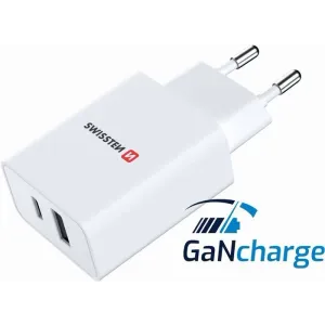 Swissten punjač 1xUSB+ 1X USB C GaN charge 30W bela