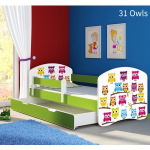 Dječji krevet ACMA s motivom, bočna zelena + ladica 140x70 cm 31-owls