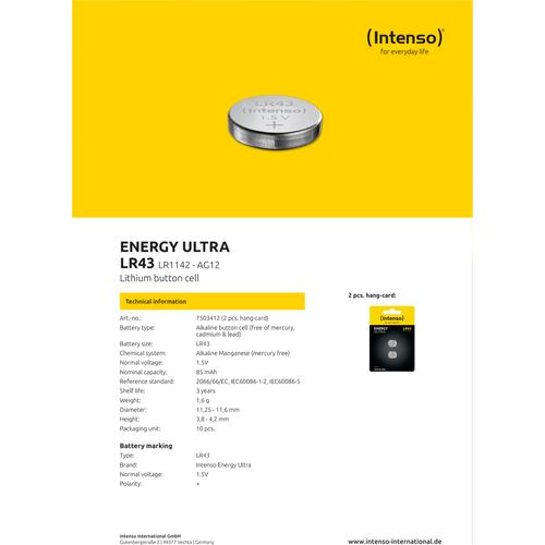 (Intenso) Baterija alkalna LR43/2, 1,5 V dugmasta, blister 2 kom - LR43/2 slika 3