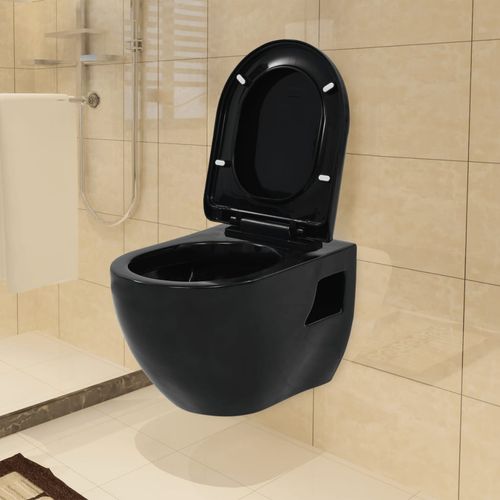 Zidna toaletna školjka s ugradbenim vodokotlićem keramička crna slika 39