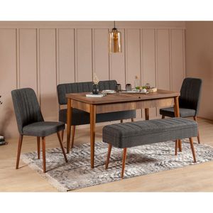Vina 1053 - 4 - Antracit, Orah Set Ekstenzibilnog Trpezarijskog Stola i Stolica (5 Komada)